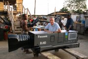 Griff Rhys Jones in the fantasy coffin at Hello Design Coffins